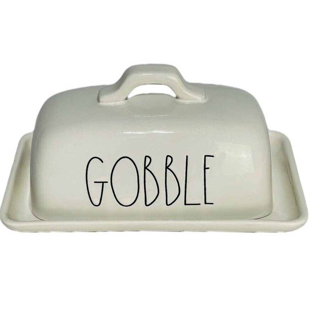 Rae Dunn Artisan Collection White Ceramic Butter Dish With "Gobble" Text